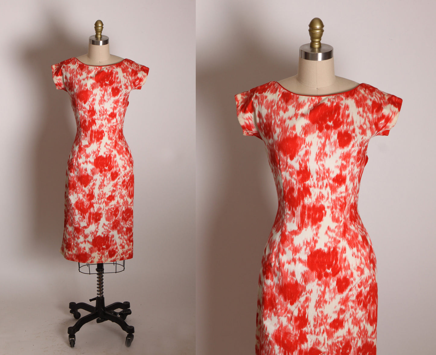 1950s Coral Red Orange Pink and White Abstract Short Sleeve Bow Detail Back Wiggle Dress -XS