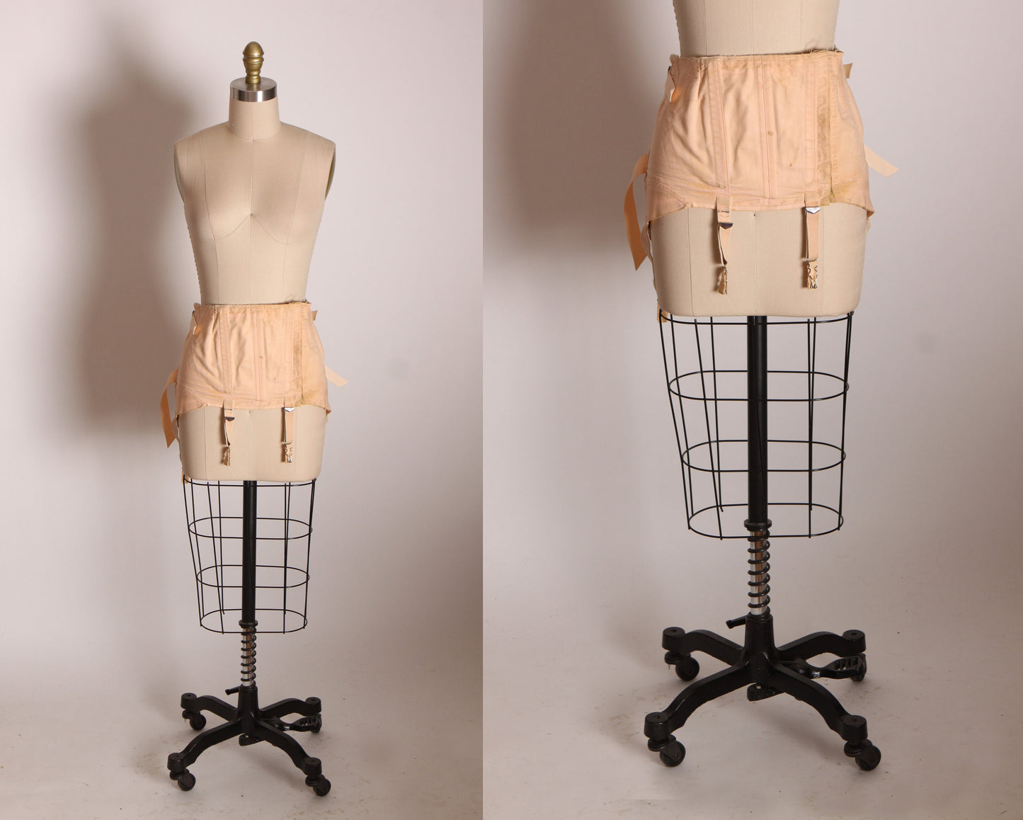 Early 1940s Light Pink Lace Up Back Attached Garter Straps Corset Waist Cincher by Isle Foundations -S