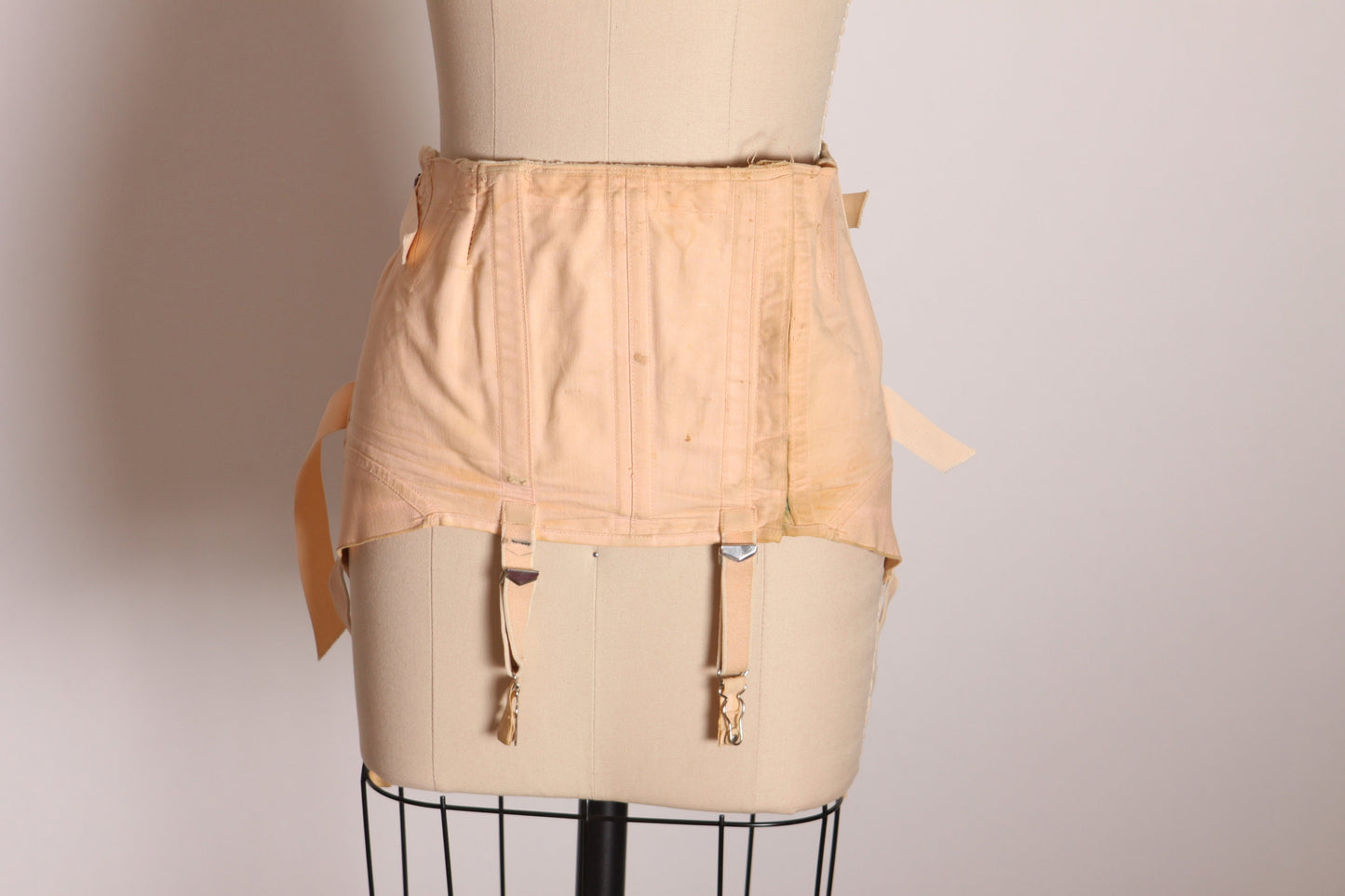 Early 1940s Light Pink Lace Up Back Attached Garter Straps Corset Waist Cincher by Isle Foundations -S