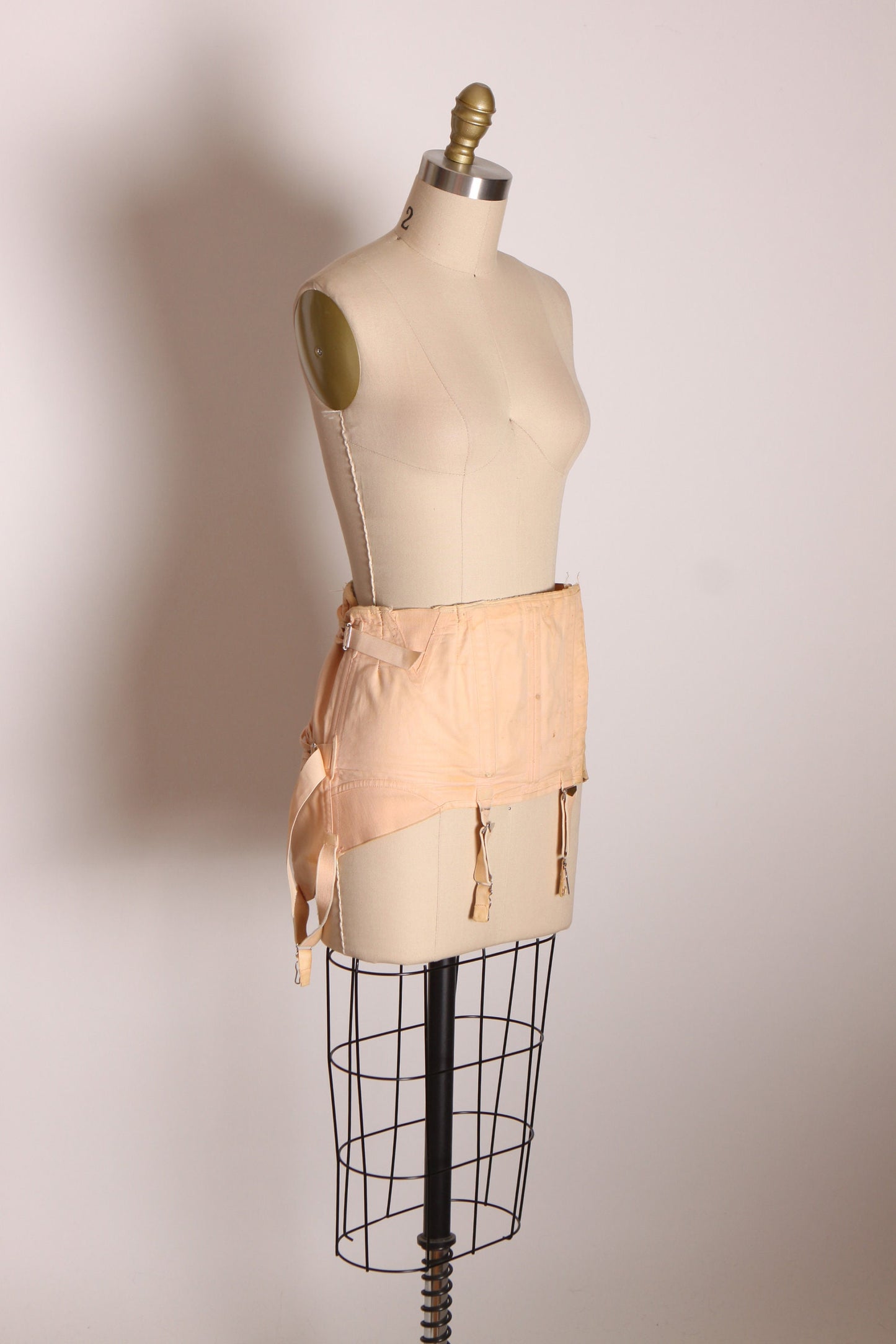 Early 1940s Light Pink Lace Up Back Attached Garter Straps Corset Waist Cincher by Isle Foundations -S