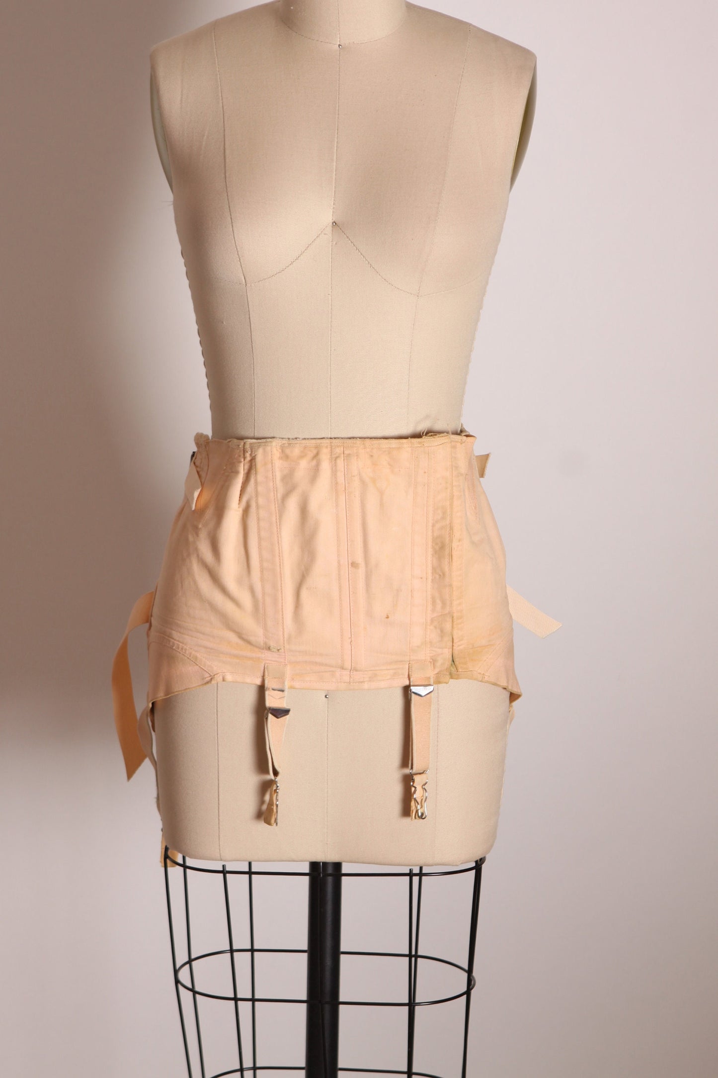 Early 1940s Light Pink Lace Up Back Attached Garter Straps Corset Waist Cincher by Isle Foundations -S