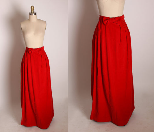 1960s Red Velvet High Waisted Bow Detail Ankle Length Skirt -XS