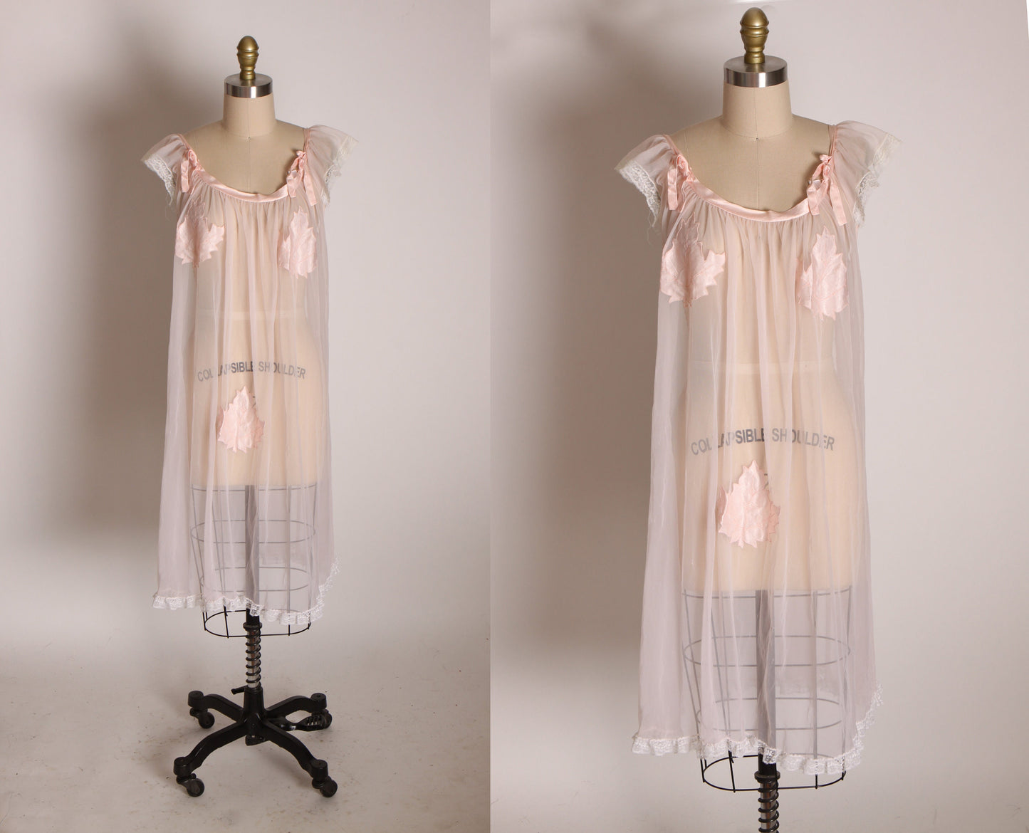 1950s Sheer Nude Illusion Pink Fig Leaf Risque Pin Up Eves Leaves Babydoll Peignoir Night Gown by Chevette -M