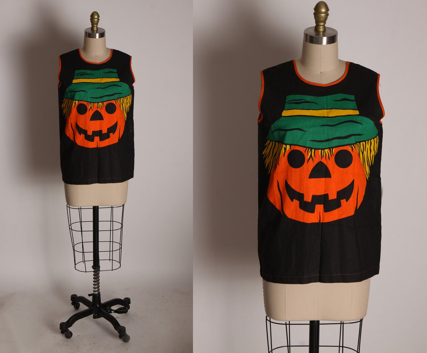 1970s Black, Orange, Green and Yellow Sleeveless Pullover Jack-o-Lantern Halloween Shirt Costume -S