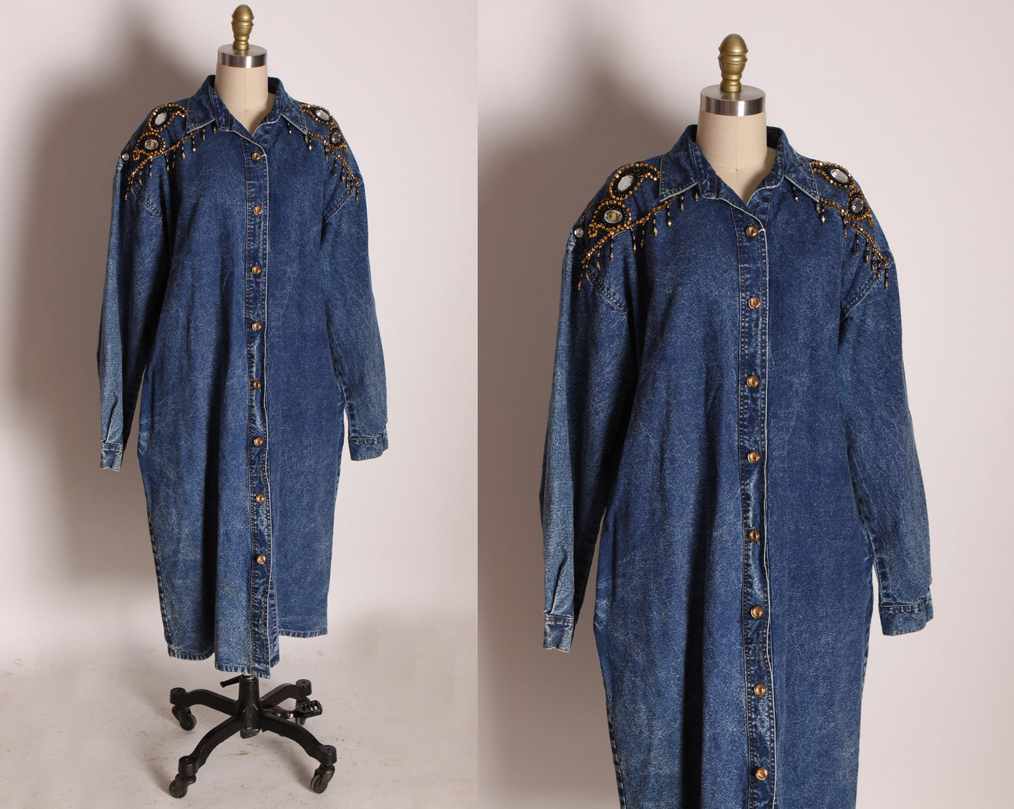 1980s Blue Denim Long Sleeve Button Up Front Black, Gold and Silver Beaded Paisley Fringe Bedazzled Dress by Tasty -L