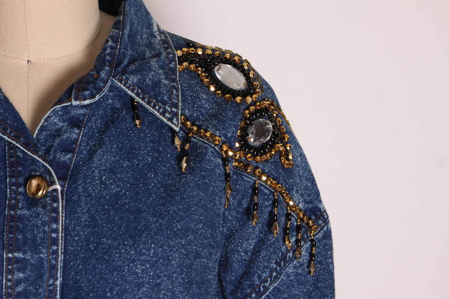 1980s Blue Denim Long Sleeve Button Up Front Black, Gold and Silver Beaded Paisley Fringe Bedazzled Dress by Tasty -L