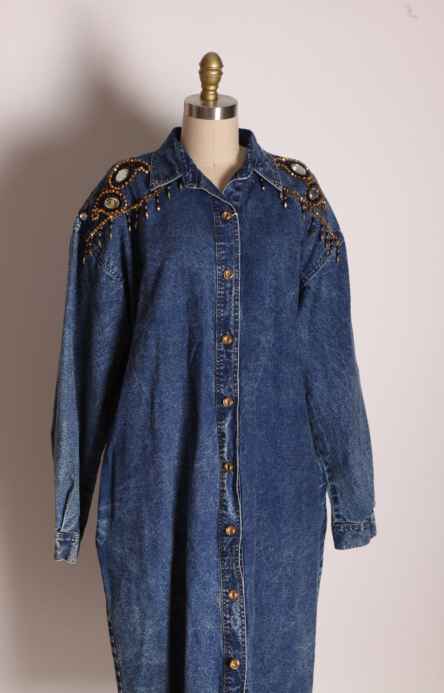 1980s Blue Denim Long Sleeve Button Up Front Black, Gold and Silver Beaded Paisley Fringe Bedazzled Dress by Tasty -L