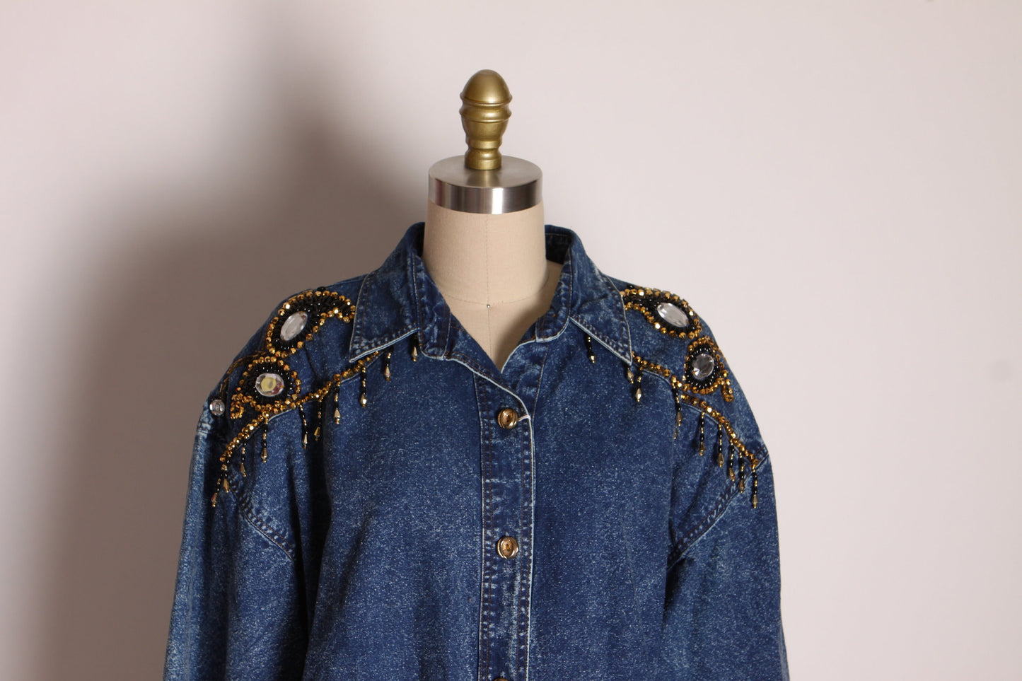 1980s Blue Denim Long Sleeve Button Up Front Black, Gold and Silver Beaded Paisley Fringe Bedazzled Dress by Tasty -L