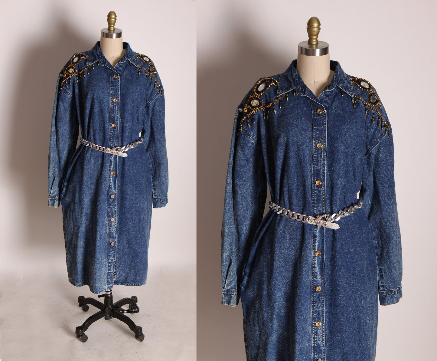 1980s Blue Denim Long Sleeve Button Up Front Black, Gold and Silver Beaded Paisley Fringe Bedazzled Dress by Tasty -L
