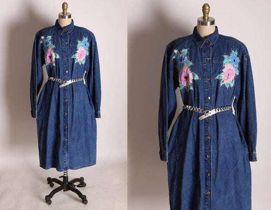 1980s Denim Long Sleeve Button Up Front Painted Flower Bedazzled Western Dress by Snow Blue -M