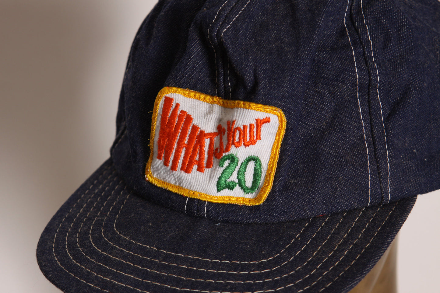 1970s Denim White, Yellow and Green Trucker Whats Your 20 Trucker Hat