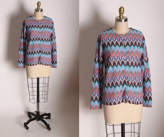 1960s Multi-Colored Bracelet Sleeve Zig Zag Acrylic Cardigan Sweater by English Village -M