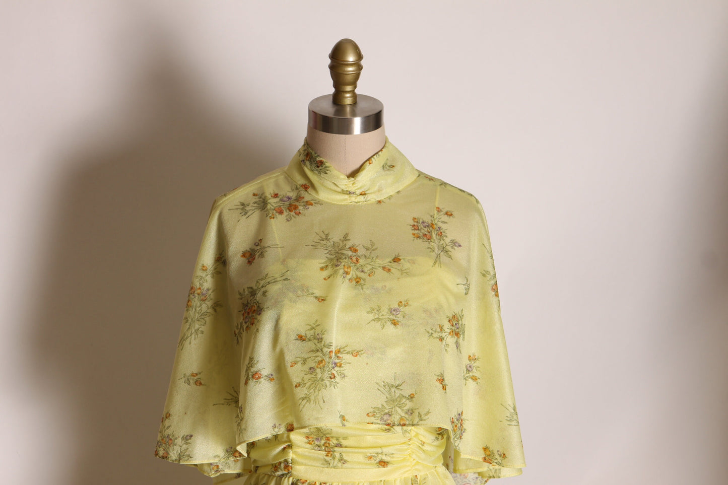 1970s Yellow and Tan Floral Spaghetti Strap Full Length Dress with Matching Sheer Shawl -S