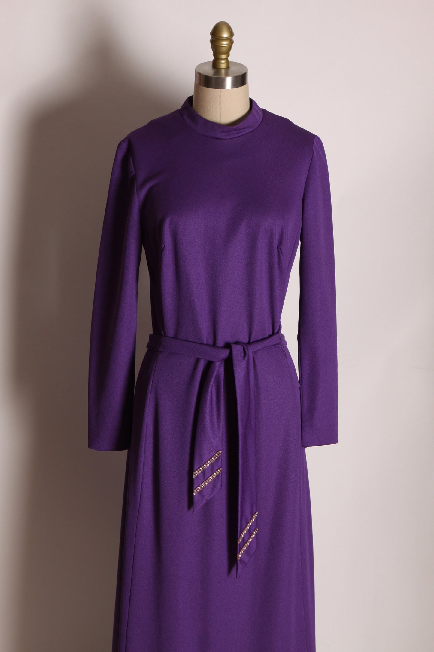 1970s Purple Long Sleeve Ruffle Hem Full Length Rhinestone Belted Dress by Edith Flagg -M