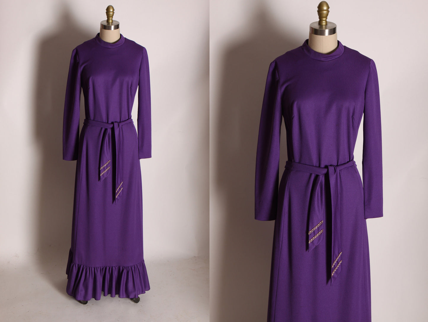 1970s Purple Long Sleeve Ruffle Hem Full Length Rhinestone Belted Dress by Edith Flagg -M