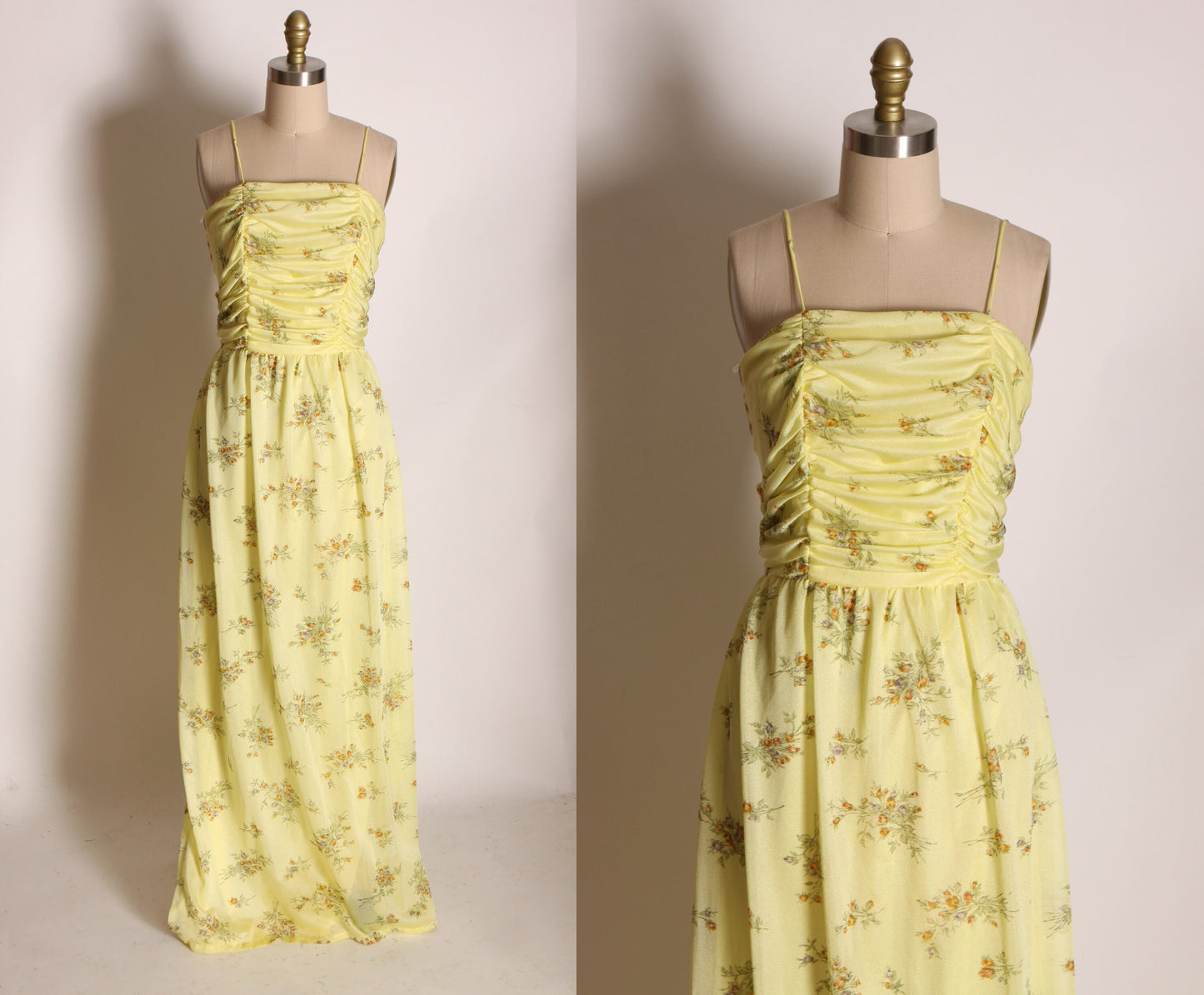 1970s Yellow and Tan Floral Spaghetti Strap Full Length Dress with Matching Sheer Shawl -S