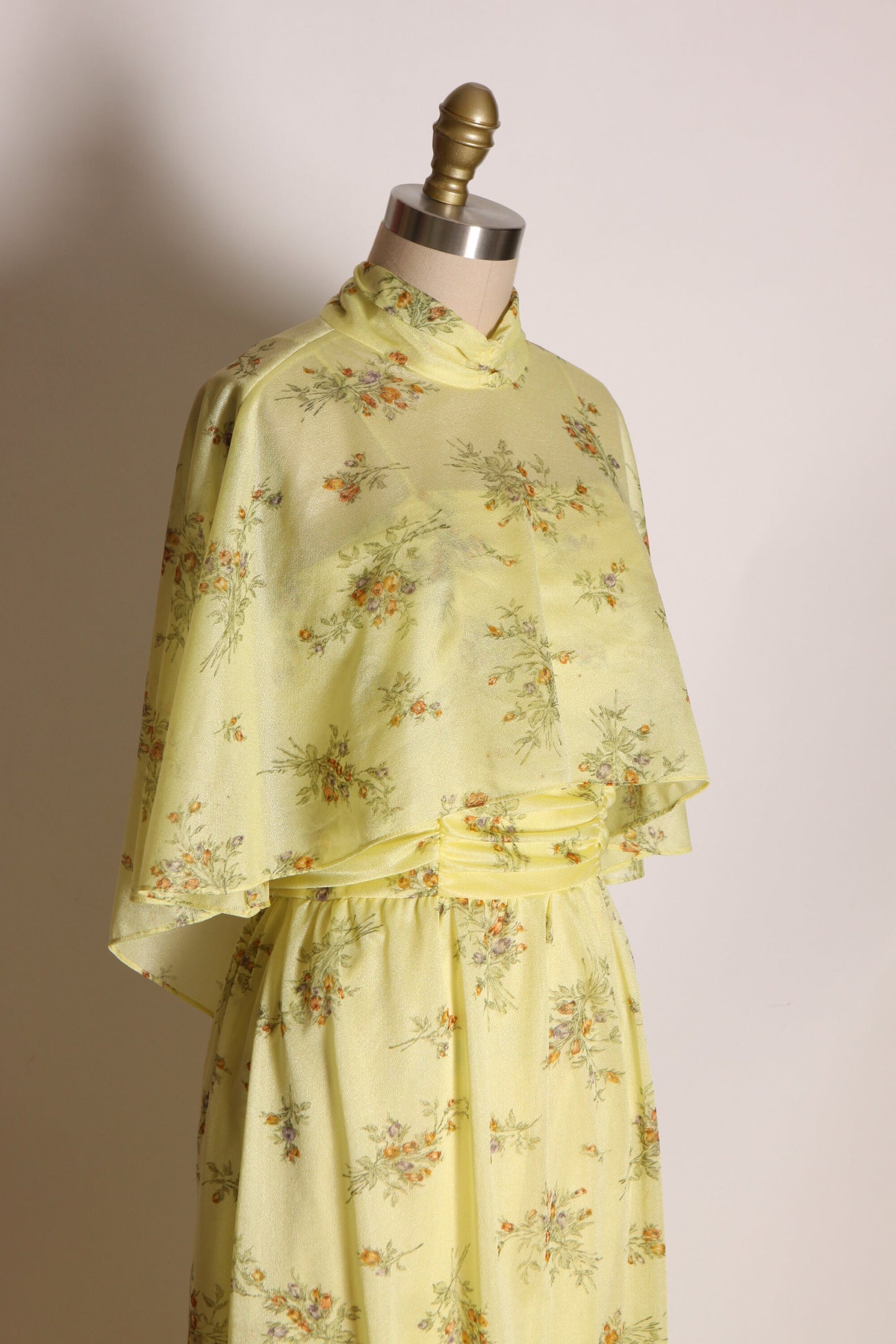 1970s Yellow and Tan Floral Spaghetti Strap Full Length Dress with Matching Sheer Shawl -S