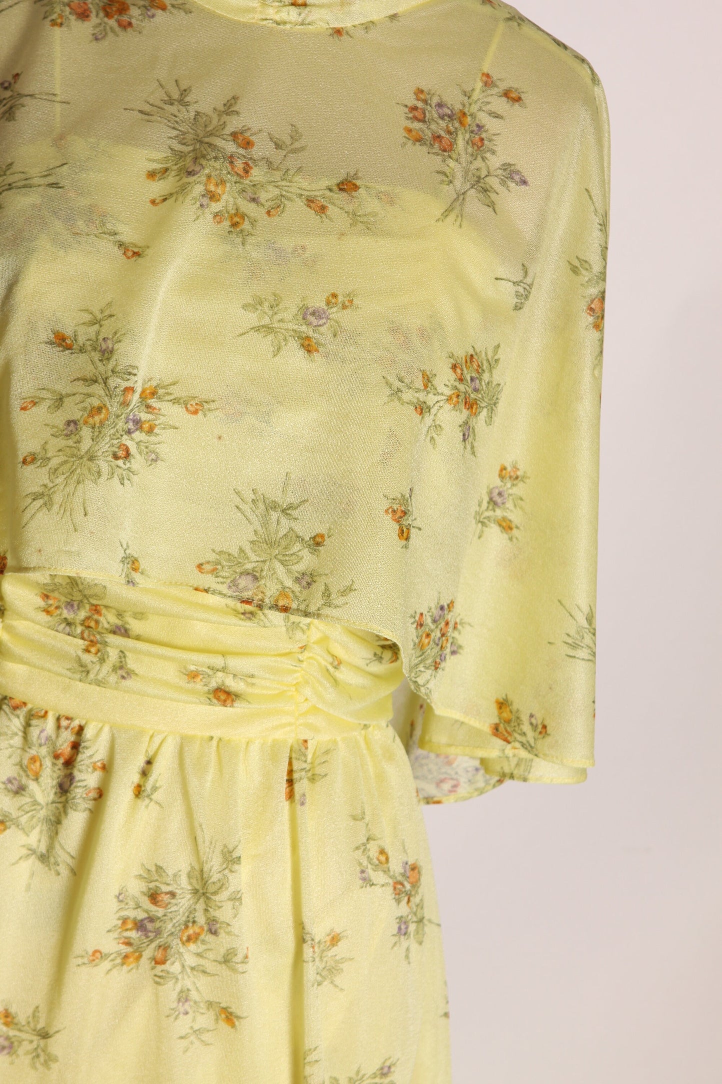 1970s Yellow and Tan Floral Spaghetti Strap Full Length Dress with Matching Sheer Shawl -S