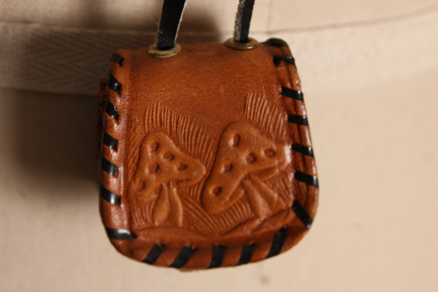 Deadstock 1970s Leather Tooled Cord Mushroom, Bird, Apple, Mouse and Floral Medicine Bag Leather Necklace Snap Pouch