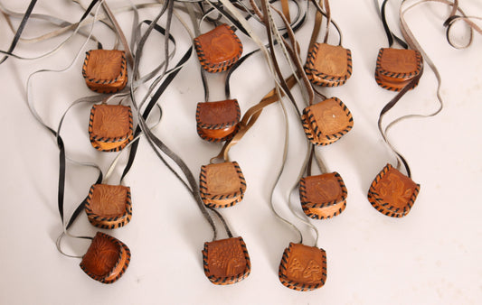 Deadstock 1970s Leather Tooled Cord Mushroom, Bird, Apple, Mouse and Floral Medicine Bag Leather Necklace Snap Pouch