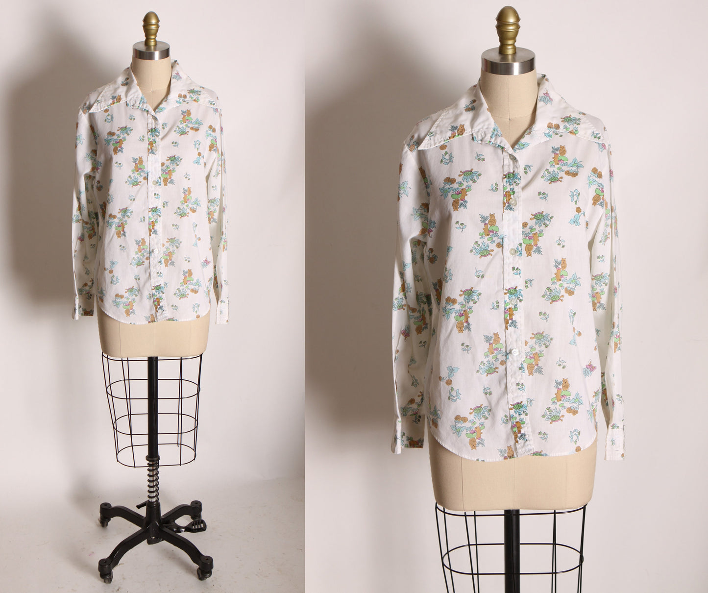 1970s White, Brown and Green Long Sleeved Novelty Boho Owl and Turtle Button Up Shirt Blouse -L