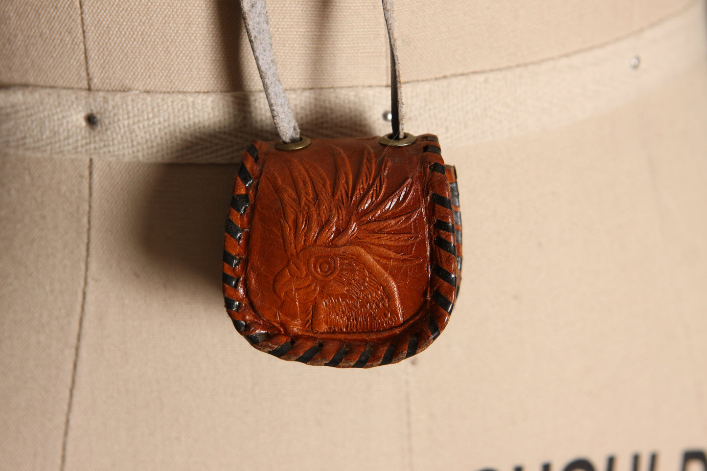 Deadstock 1970s Leather Tooled Cord Mushroom, Bird, Apple, Mouse and Floral Medicine Bag Leather Necklace Snap Pouch