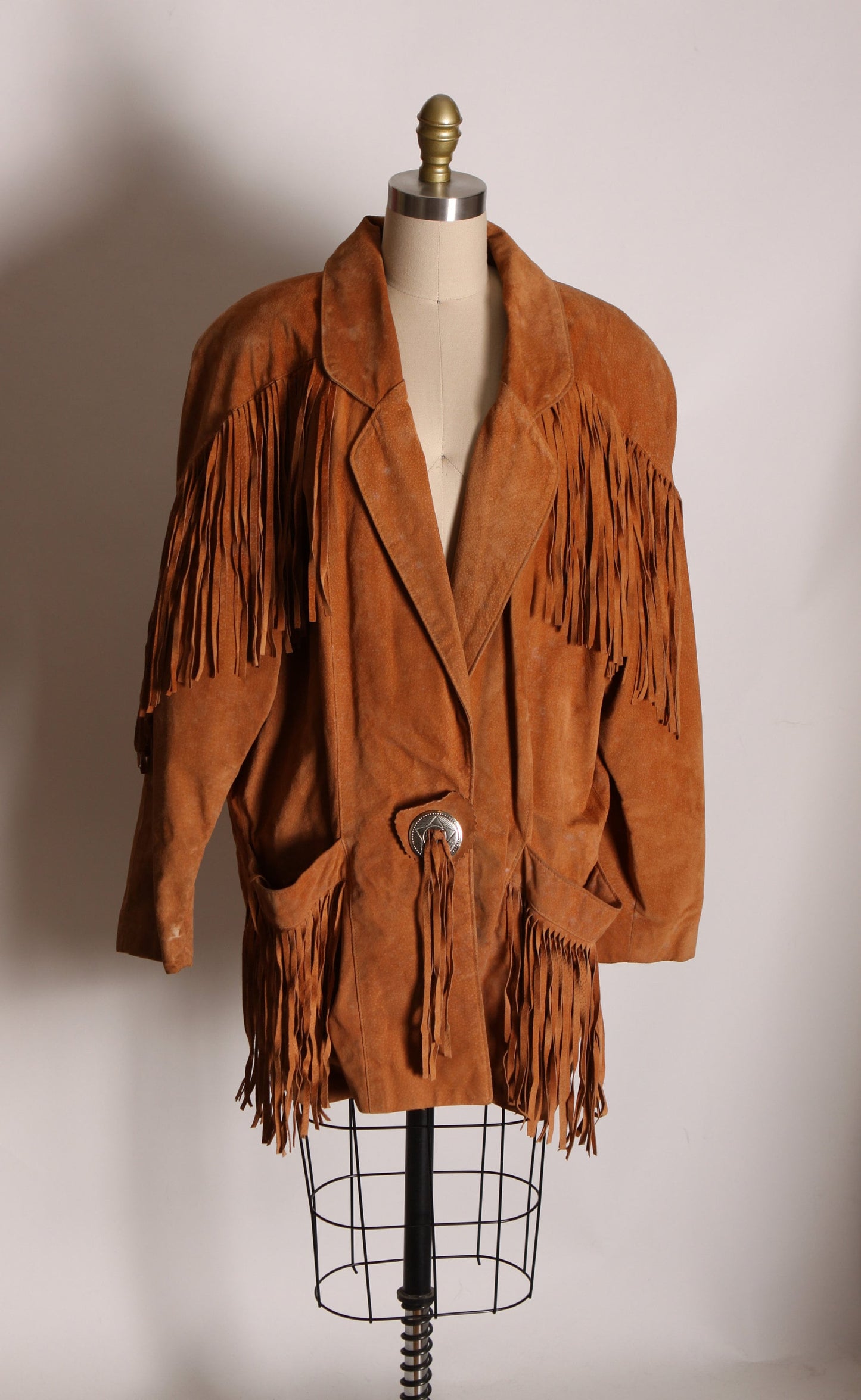 1980s Tan Brown Leather Long Sleeve Fringe Western Coat by Frontier Collection -M