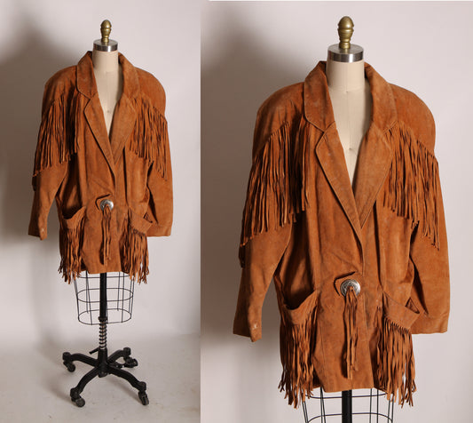 1980s Tan Brown Leather Long Sleeve Fringe Western Coat by Frontier Collection -M