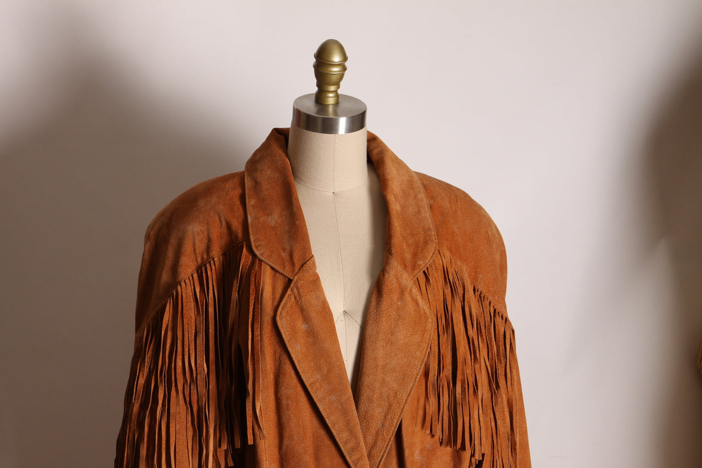 1980s Tan Brown Leather Long Sleeve Fringe Western Coat by Frontier Collection -M