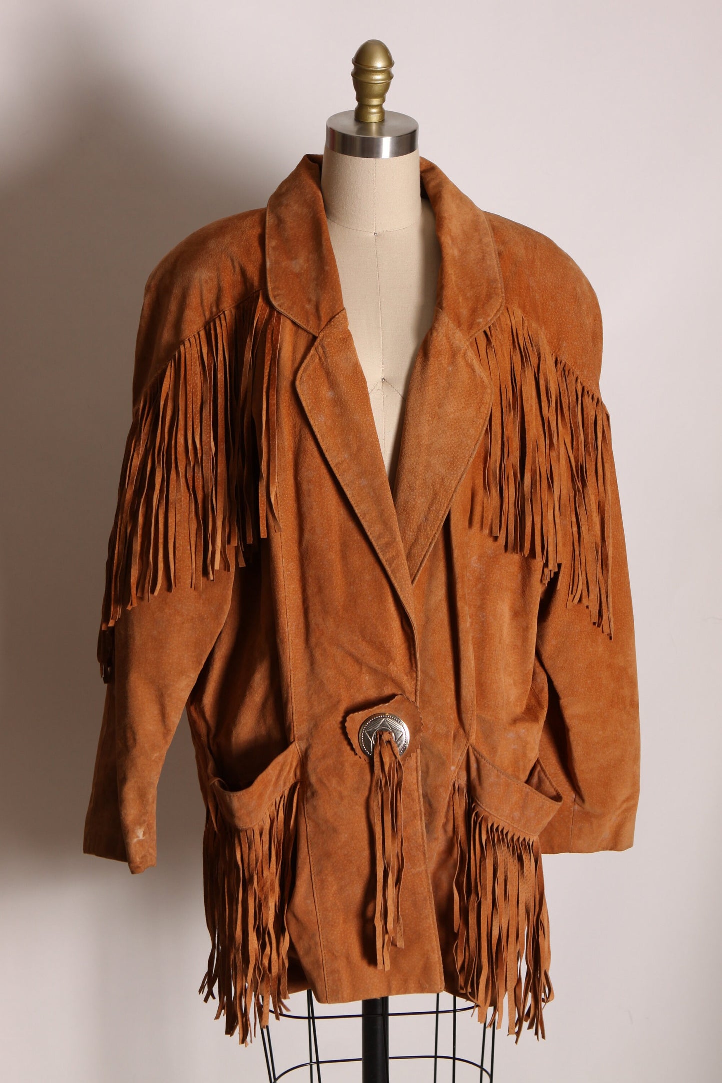 1980s Tan Brown Leather Long Sleeve Fringe Western Coat by Frontier Collection -M