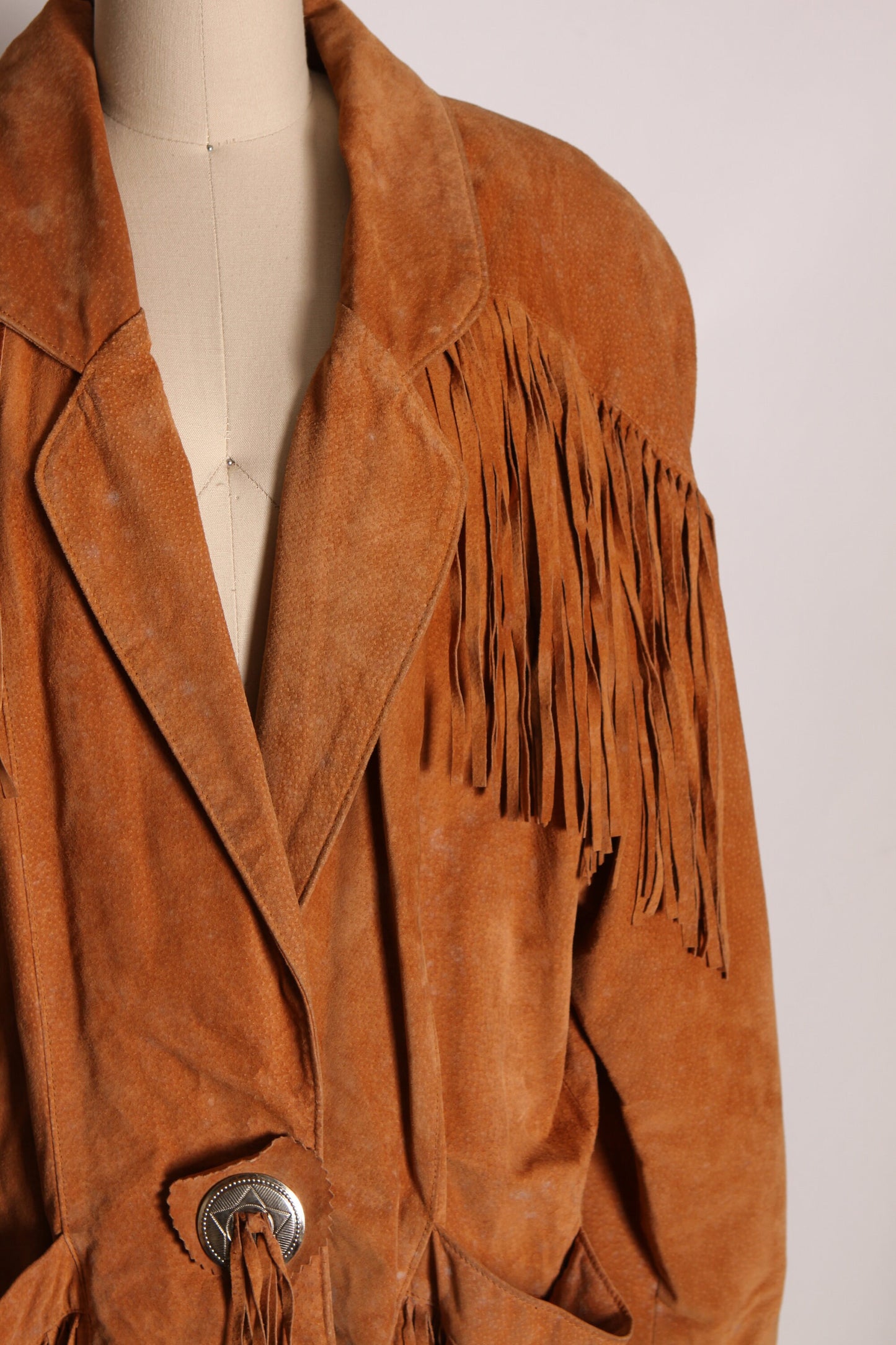 1980s Tan Brown Leather Long Sleeve Fringe Western Coat by Frontier Collection -M