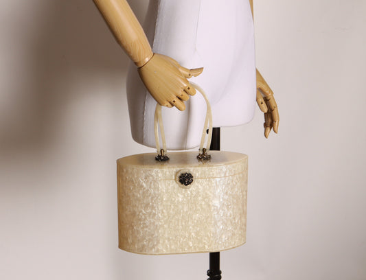 1950s Cream Pearl Swirl Lucite Large Top Handle Ornate Hardware Purse by Wilardy