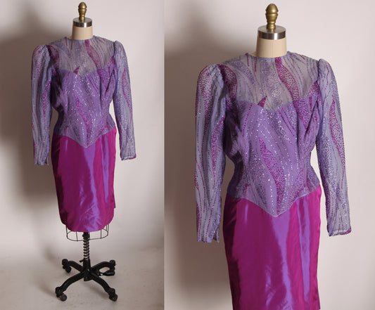 1970s Purple Sharkskin and Glitter Long Sleeve Party Dress -L