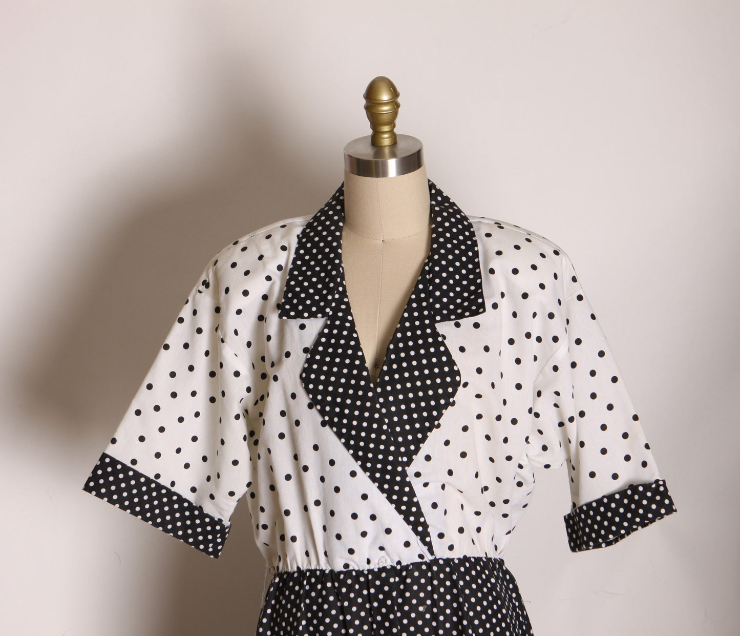 1980s Black and White Polka Dot Short Sleeve Fit and Flare Dress by Caliche -L