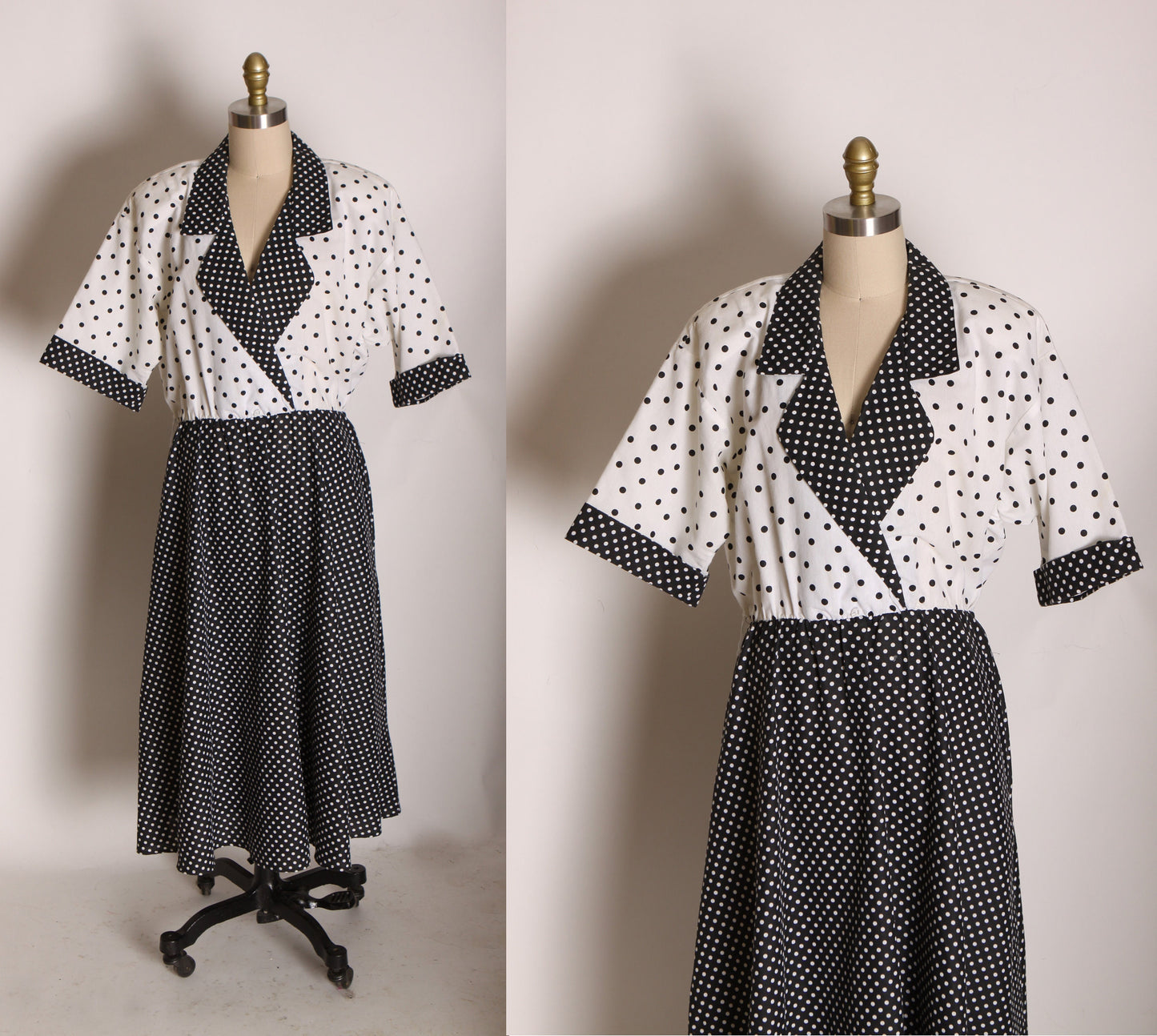 1980s Black and White Polka Dot Short Sleeve Fit and Flare Dress by Caliche -L