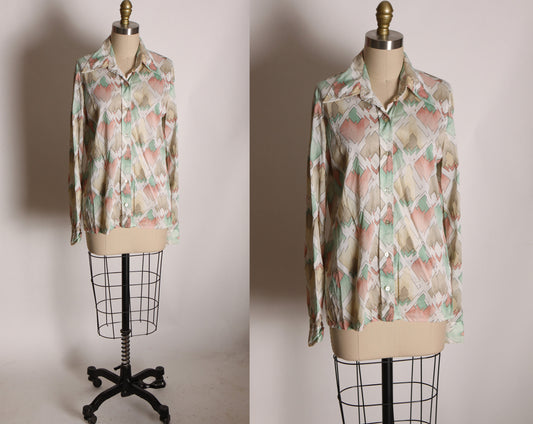 1970s Tan, Pink, Cream and Green Zig Zag Geometric Long Sleeve Button Up Blouse -L