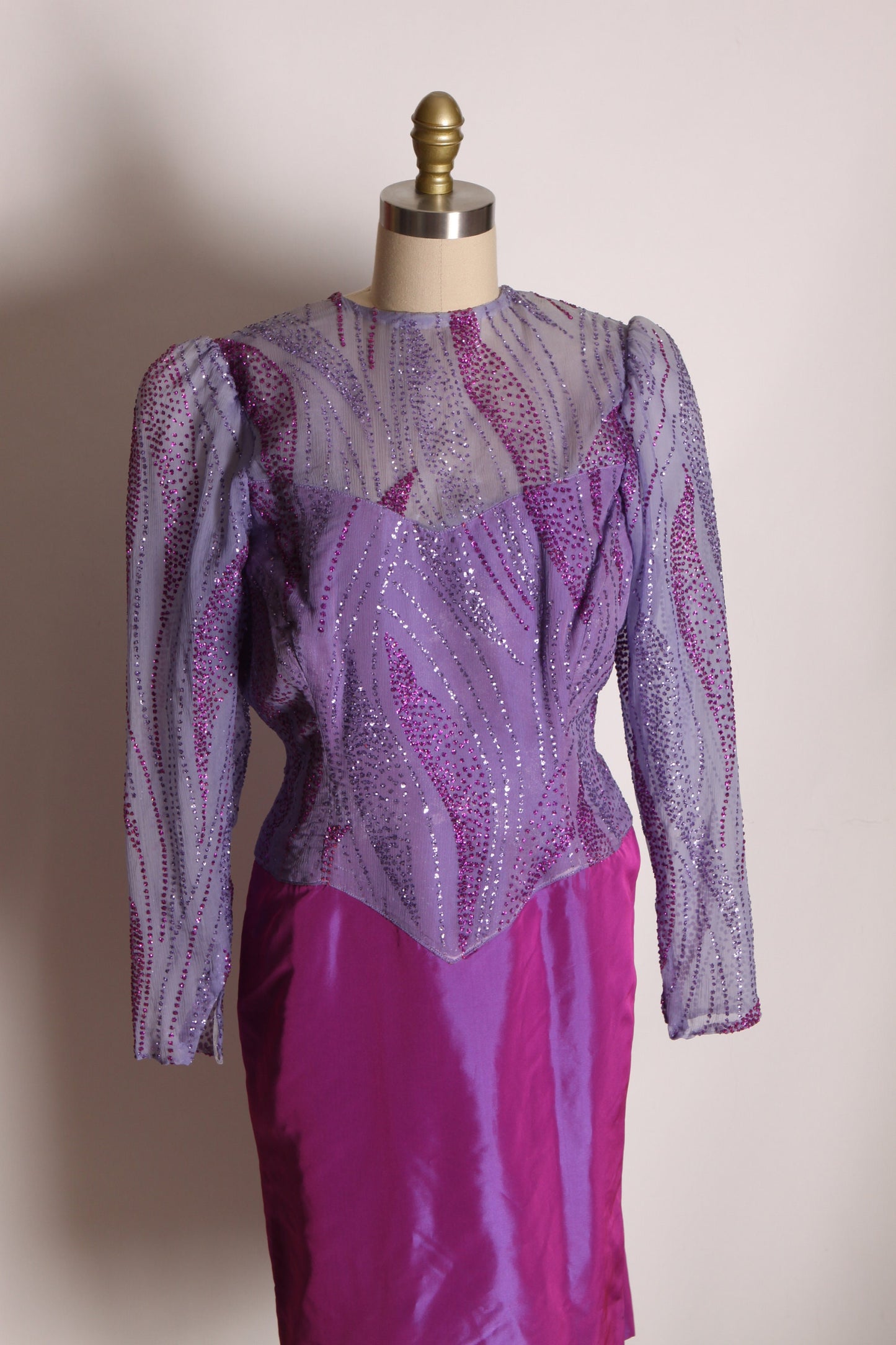 1970s Purple Sharkskin and Glitter Long Sleeve Party Dress -L