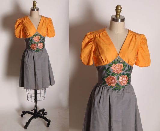 1970s Orange and Gray Hand Painted Rose Bodice Short Sleeve Dress -XS