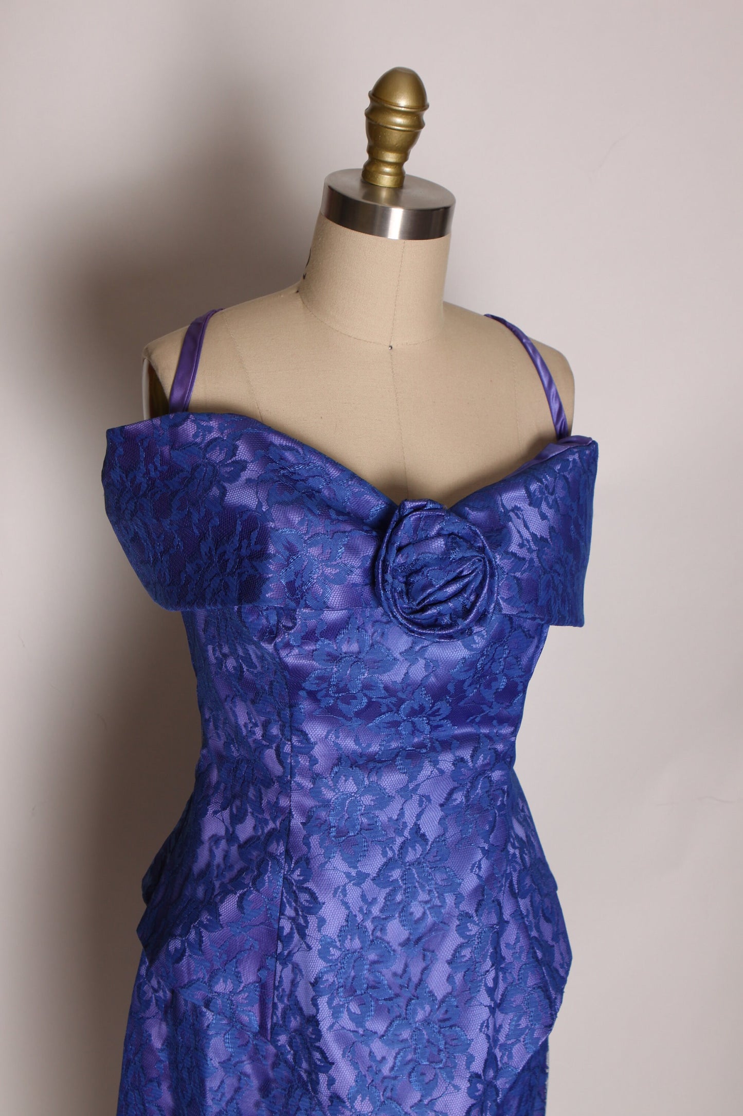 1980s Blue and Purple Lace Off the Shoulder Spaghetti Strap Full Length Formal Dress -M