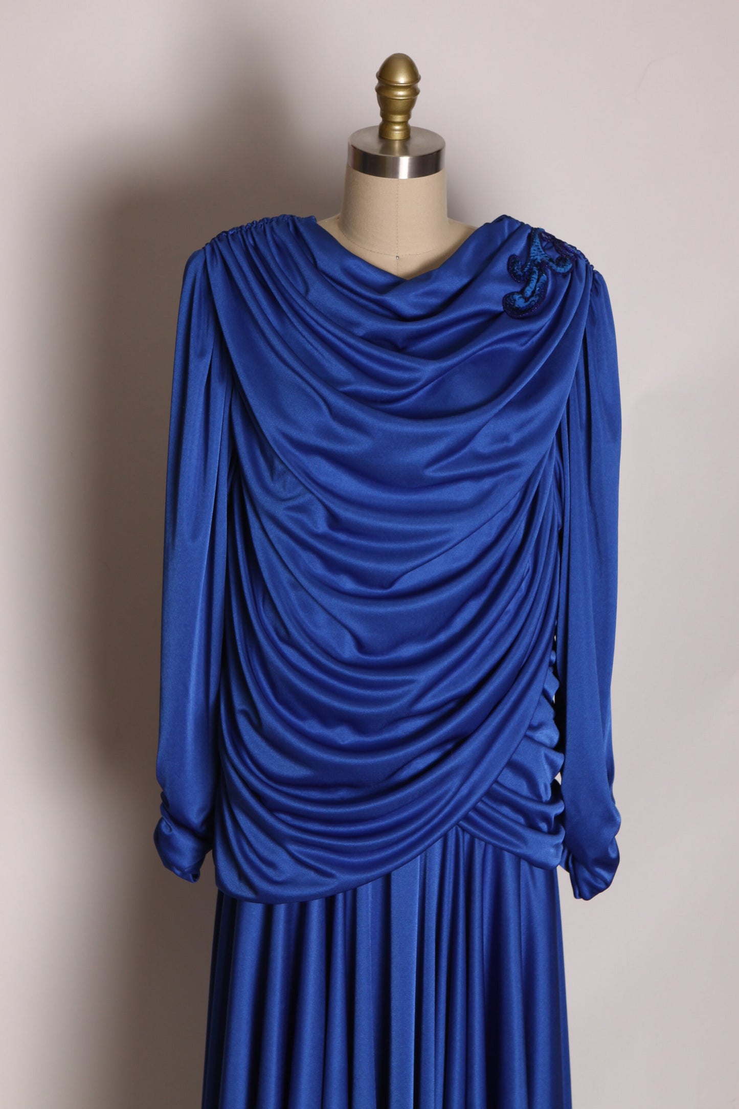 1980s Blue Long Sleeve Pointed Scarf Like Hem Draped Formal Sequin Detail Dress -1XL