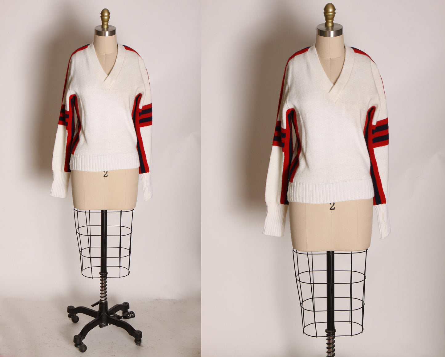 1960s 1970s White, Red and Blue Striped Pullover Cheer Cheerleader Sweater by Cheerleader Supply Co. Inc. -M