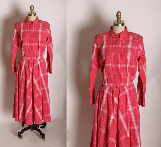 1980s Pink Raspberry and White Plaid Long Sleeve Button Up Shirtwaist Dress -L