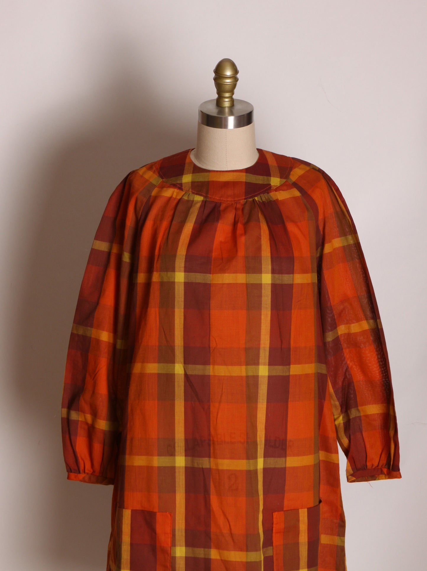 1960s Orange, Brown and Yellow Plaid 3/4 Length Sleeve Pocketed Dress -L