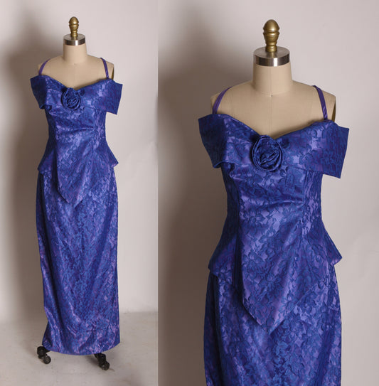 1980s Blue and Purple Lace Off the Shoulder Spaghetti Strap Full Length Formal Dress -M