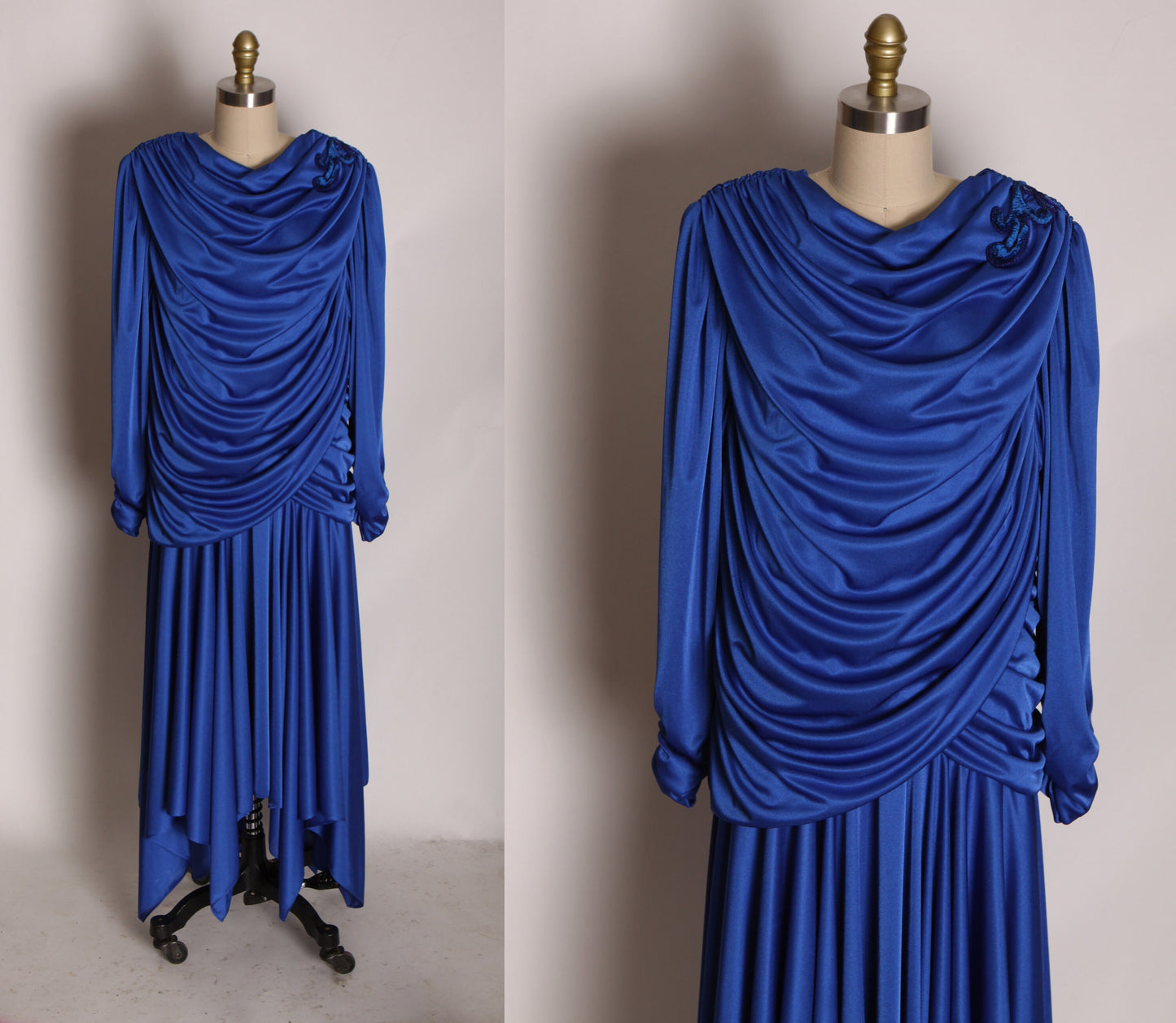 1980s Blue Long Sleeve Pointed Scarf Like Hem Draped Formal Sequin Detail Dress -1XL