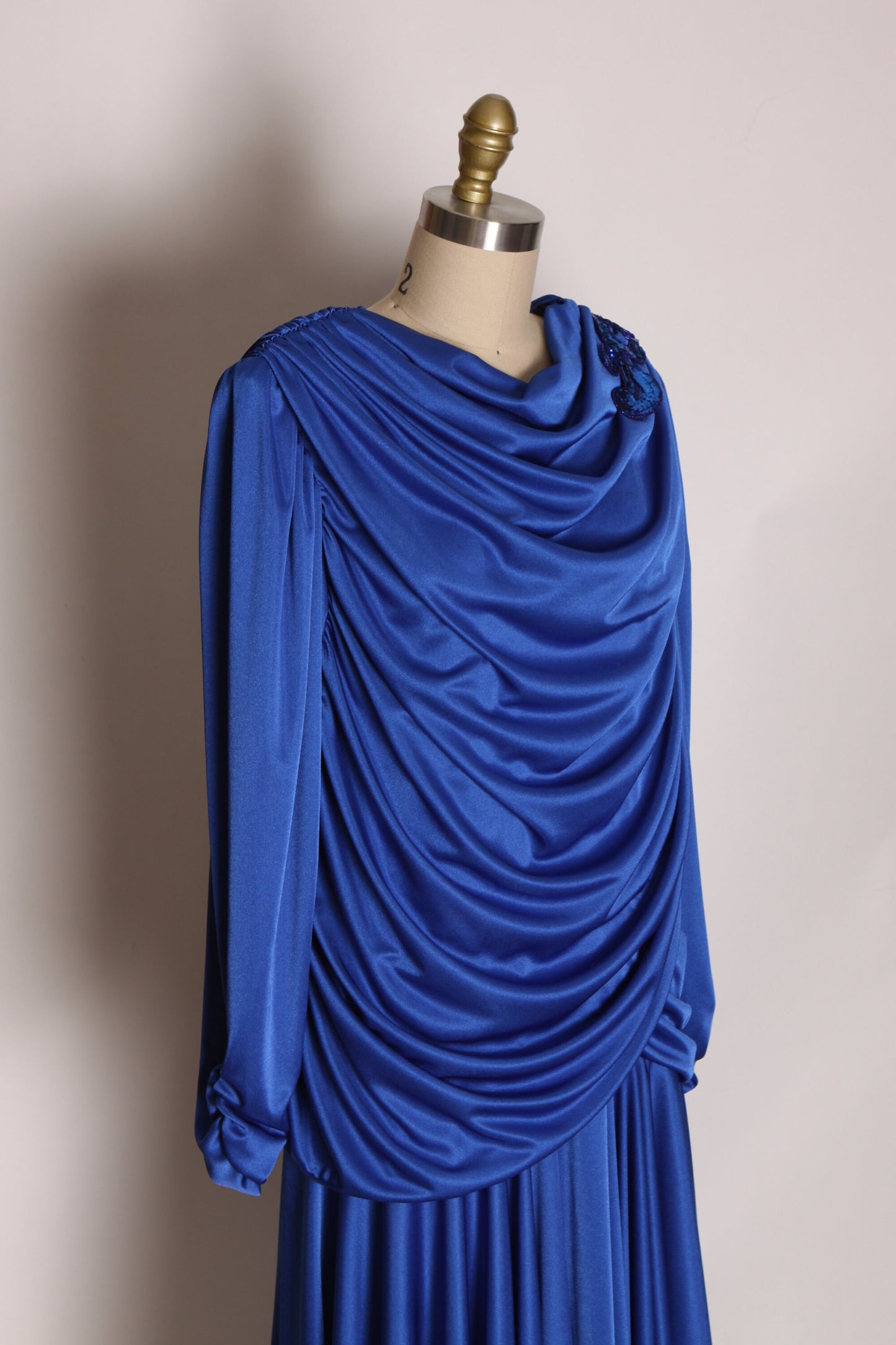 1980s Blue Long Sleeve Pointed Scarf Like Hem Draped Formal Sequin Detail Dress -1XL