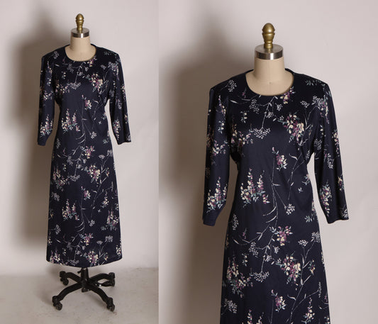 1970s Navy Blue and White Floral 3/4 Length Sleeve Tie Back Dress by Anthony Richards -1XL