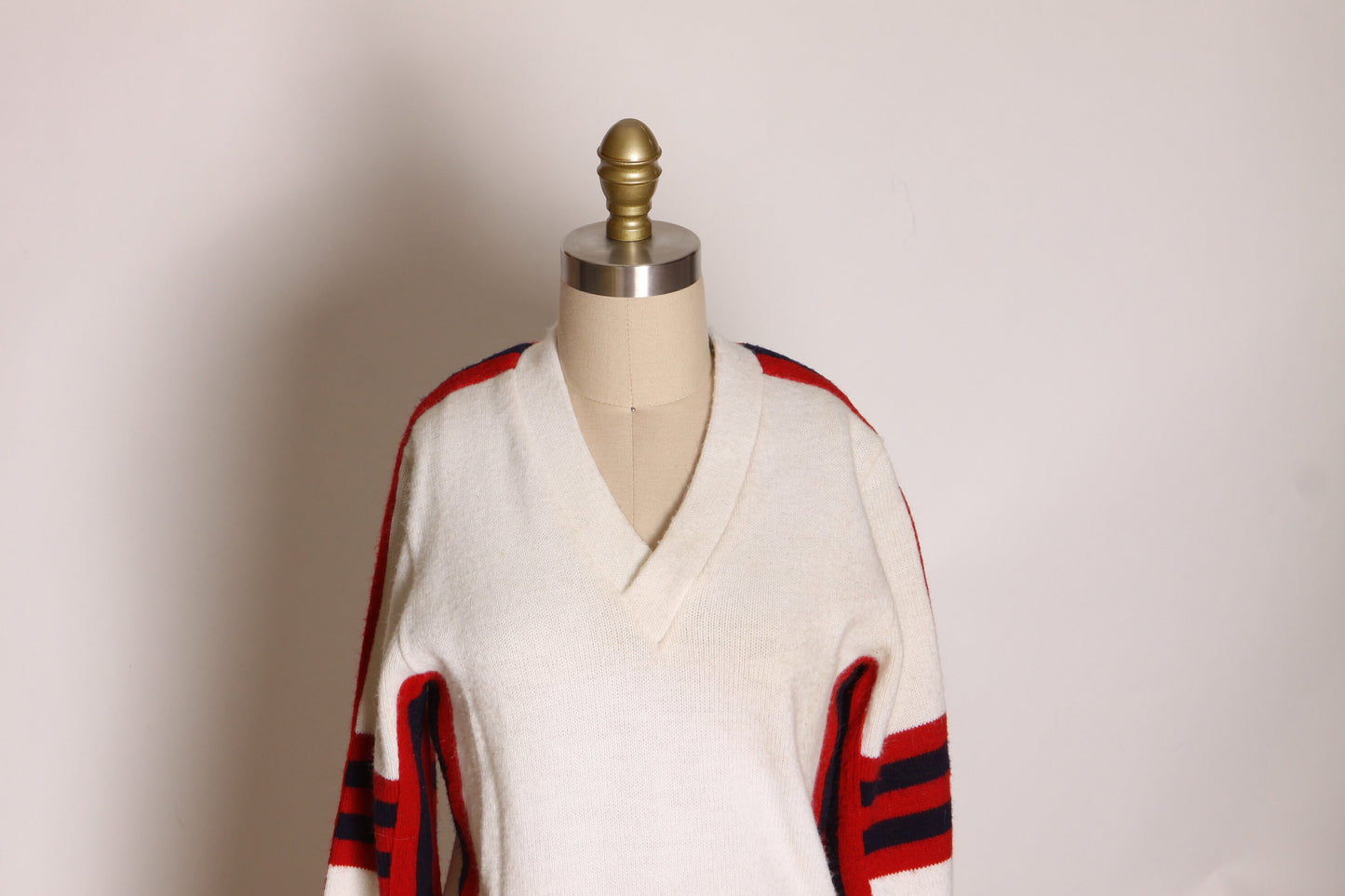 1960s 1970s White, Red and Blue Striped Pullover Cheer Cheerleader Sweater by Cheerleader Supply Co. Inc. -M