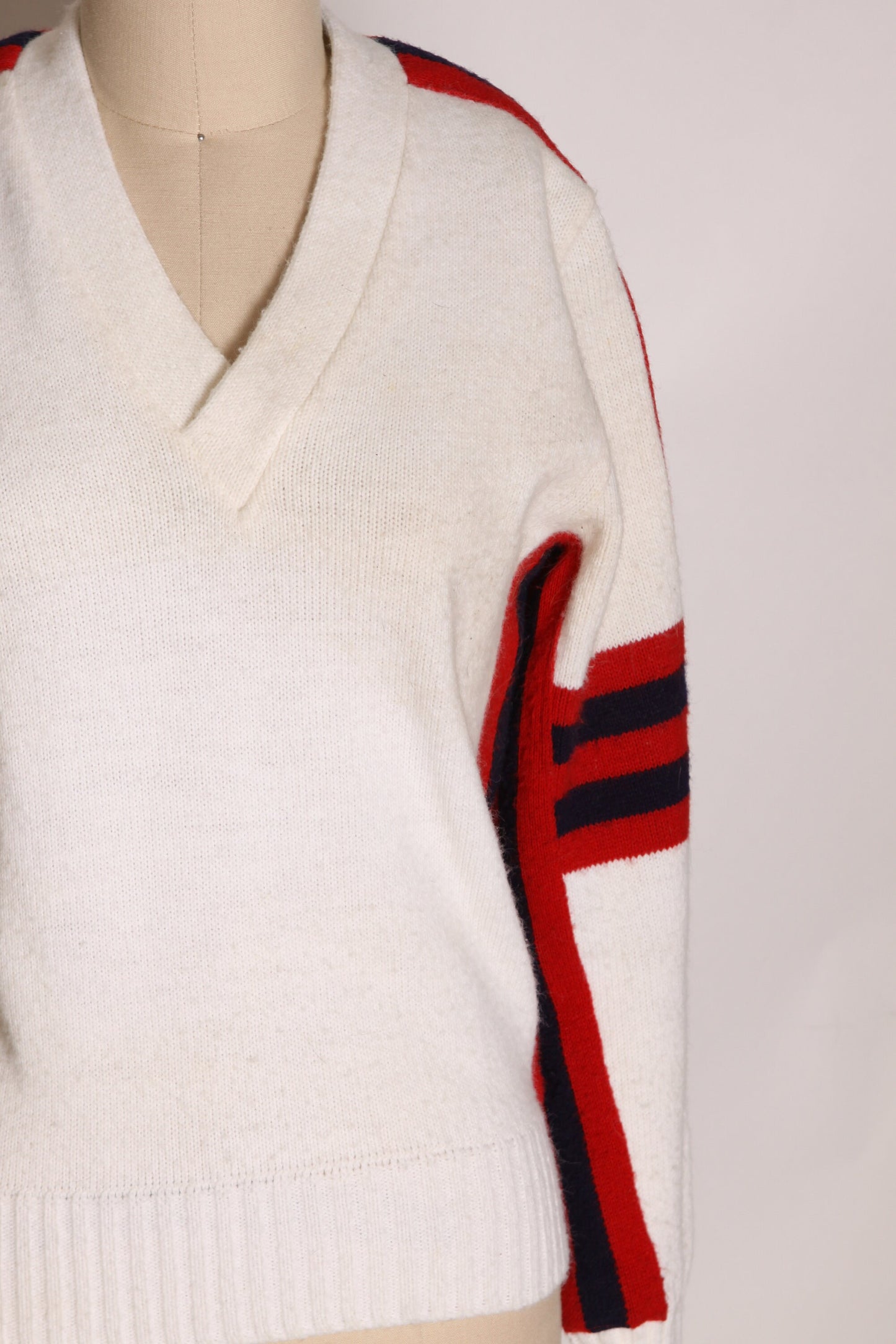 1960s 1970s White, Red and Blue Striped Pullover Cheer Cheerleader Sweater by Cheerleader Supply Co. Inc. -M