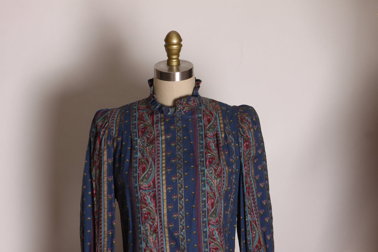 1970s Dark Blue, Tan and Burgundy Striped Paisley Long Sleeve Dress by Belle France -M